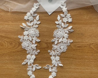 Quality Beaded Lace Applique in Mirror Pairs, Corded Light Ivory Bridal Lace Motifs, Dance Costume Lace