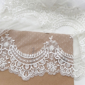 Waves Beaded Light Ivory Embroideried Bridal Lace Trim, Wedding Veil Lace Trims, Neckline lace trim, Sell by yard image 1