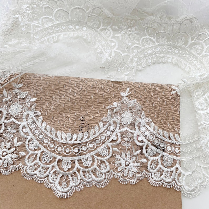 Waves Beaded Light Ivory Embroideried Bridal Lace Trim, Wedding Veil Lace Trims, Neckline lace trim, Sell by yard image 1