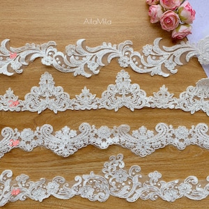 Heavy Beaded alencon lace trim, ivory bridal lace trim, Luxury Wedding Lace Trim, Veil Corded Lace Trim, Sell By Yard