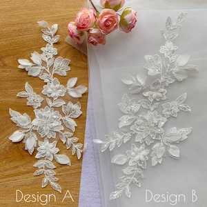 Super Elegant A&B set lace placement, 3D Beaded Light Ivory Bridal Lace Motif Applique