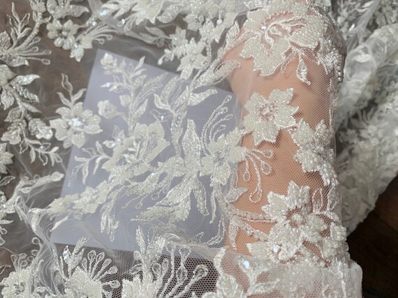 High End Heavy Beaded Bridal Lace Fabric Light Ivory Floral Wedding Lace Fabric Sell by Yard Etsy UK