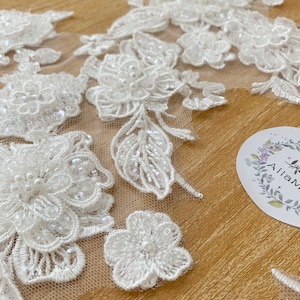 sell by pair Handmade 3D Beaded Wedding Lace Applique, Light Ivory Lace Applique, Bridal Lace Applique