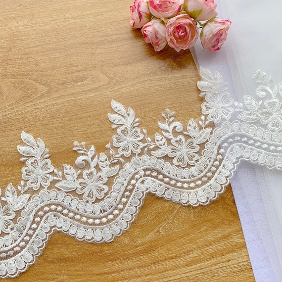 Sell By Yard alencon lace trim, ivory bridal lace trim, wedding veil lace trim, Rayon Material Lace Trim， Gorgeous Design and Quality