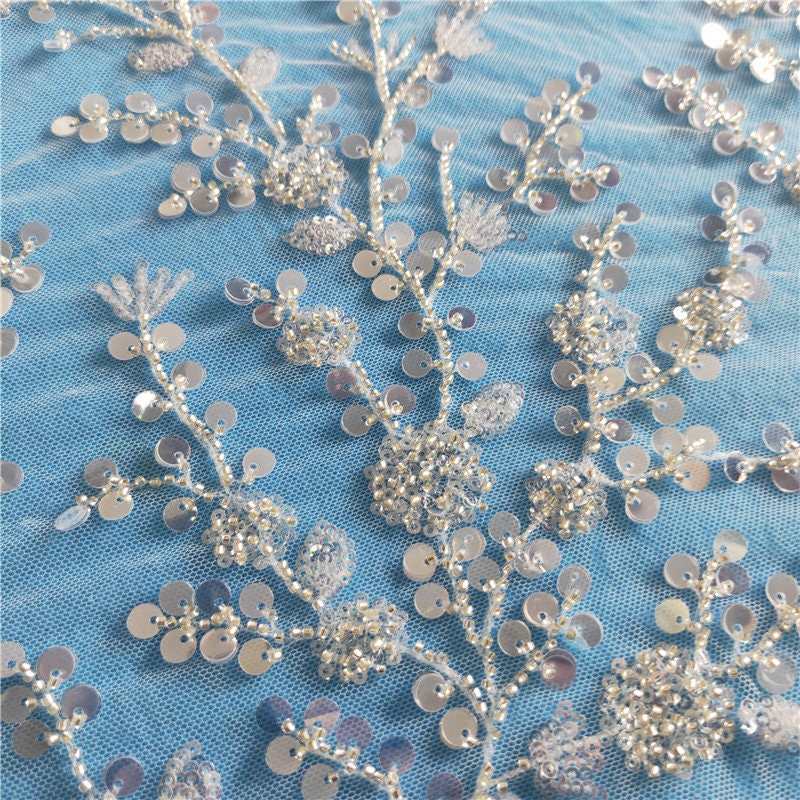Silver Heavy Beaded Bridal Lace Fabric Sequin Floral Wedding Etsy
