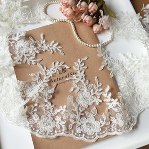 Heavy Beaded alencon lace trim, Ivory Wedding lace trim, Beaded Bridal Lace Trim, Veil Corded Lace Trim, Sell By Yard image 6