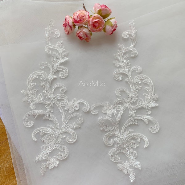 Elegant Quality Light Ivory Beaded lace appliqué pair Motif Placement