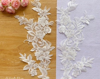 High End Light Ivory Beaed Floral Bridal Lace appliqué in Mirror Pair