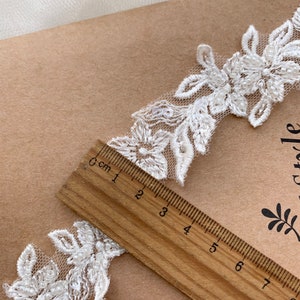 Fancy 3cm wide Floral Embroidery Sequined Beaded Light Ivory Bridal Hem Lace Trim, Small Narrow Beaded Wedding Veil Lace Trims, Sell by yard image 7