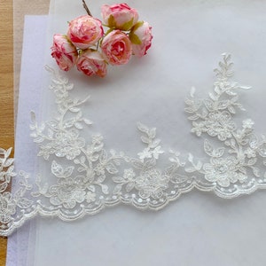 Heavy Beaded alencon lace trim, Ivory Wedding lace trim, Beaded Bridal Lace Trim, Veil Corded Lace Trim, Sell By Yard image 4