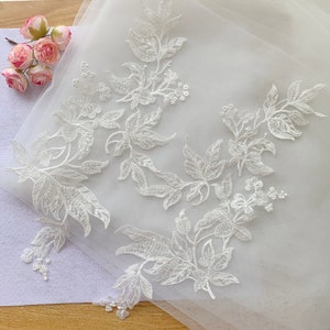 Mirror Pair Quallity Beaded Bridal Lace Applique, Light Ivory Wedding Lace Motif Placement