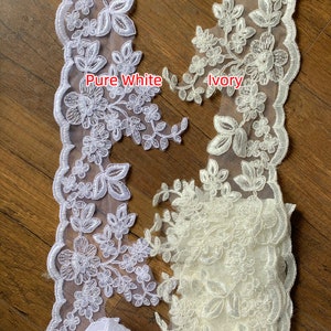 Witdh About 5 inches Sell By Yard Bridal Alencon lace trim, Pure White bridal lace trim, Ivory Floral Corded wedding veil hem lace trim