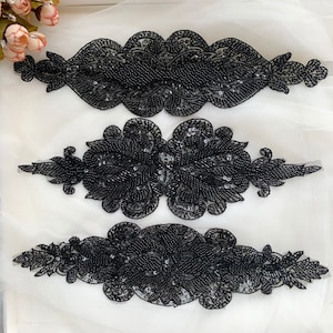 Luxury Embroidered Black Heavy Beaded Bridal Lace Applique For Wedding Dress Sash, Headband, Sell by piece