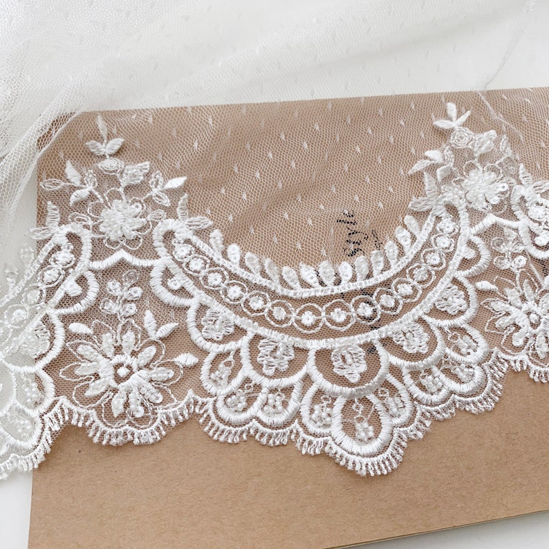 Waves Beaded Light Ivory Embroideried Bridal Lace Trim, Wedding Veil Lace Trims, Neckline lace trim, Sell by yard image 6