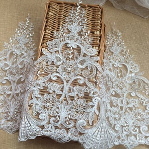 Sell By Yard 33cm Wide alencon lace trim, Light ivory bridal lace trim, Corded wedding veil lace trim, Gorgeous Design and Quality