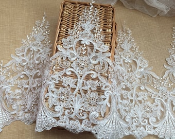 Sell By Yard 33cm Wide alencon lace trim, Off white bridal lace trim, Corded wedding veil lace trim, Gorgeous Design and Quality