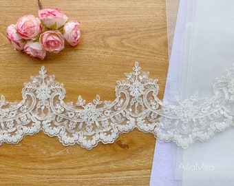 Sell By Yard Light Ivory Beaded alencon lace trim, Luxury bridal lace trim, wedding veil lace trim, Rayon Material Lace Trim