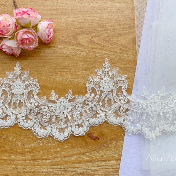 Sell By Yard Light Ivory Beaded alencon lace trim, Luxury bridal lace trim, wedding veil lace trim, Rayon Material Lace Trim
