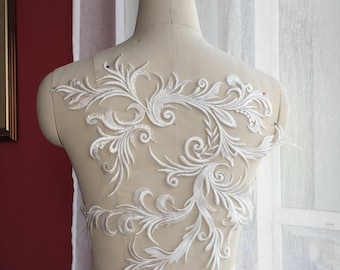 1 PCS Unique Design Elegant Quality Bridal Lace Applique, Clear Sequined Lace Placement Motif For Wedding Dress, Buy More send in pairs