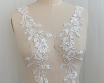 Quality Light Ivory Beaded Strap Bridal Lace Applique, Long Design Wedding Lace Motif, Sell by pair