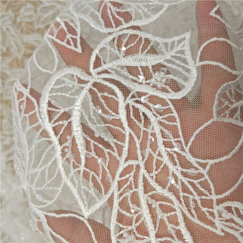 Bridal Lace Embroidery Leaves Design Lace Fabric Light Ivory Etsy