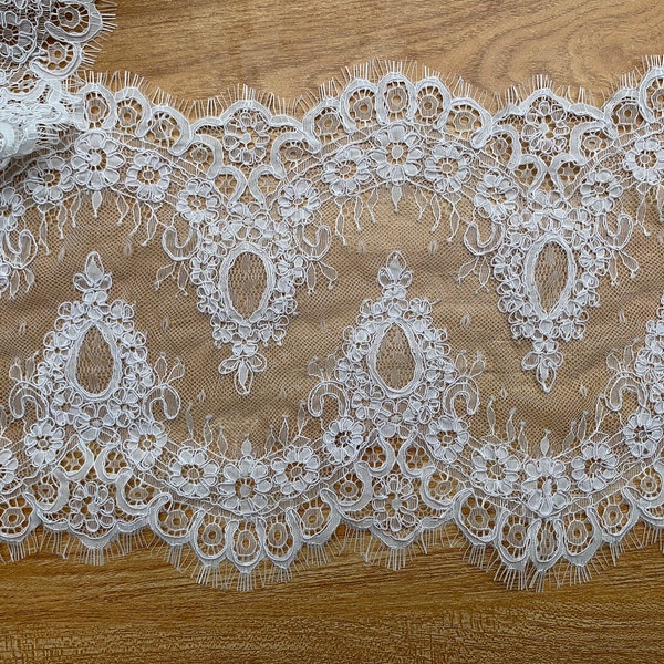 3 yards Off White Bilateral Corded Eyelash Lace Trim, Alencon Chantitlly Lace Trim For Bridal Dress and Veils