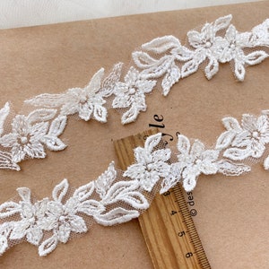Fancy 3cm wide Floral Embroidery Sequined Beaded Light Ivory Bridal Hem Lace Trim, Small Narrow Beaded Wedding Veil Lace Trims, Sell by yard image 5