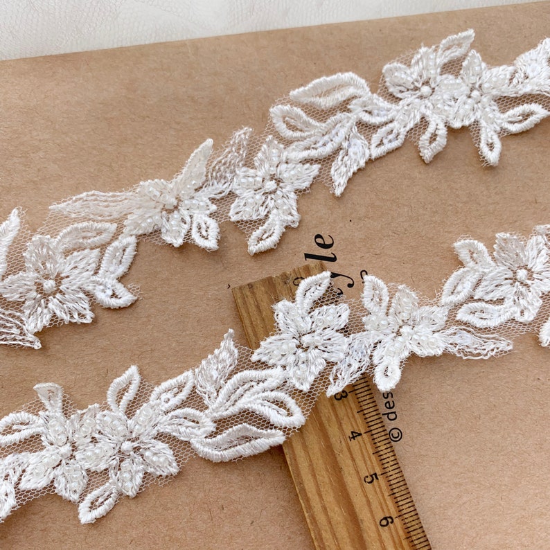 Fancy 3cm wide Floral Embroidery Sequined Beaded Light Ivory Bridal Hem Lace Trim, Small Narrow Beaded Wedding Veil Lace Trims, Sell by yard image 5