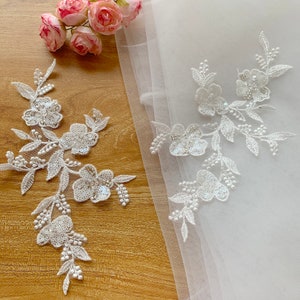 High Quality Beaded Light Ivory Bridal Wedding Lace Appliqué Motif by pair