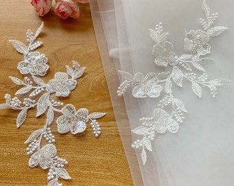 High Quality Beaded Light Ivory Bridal Wedding Lace Appliqué Motif by pair