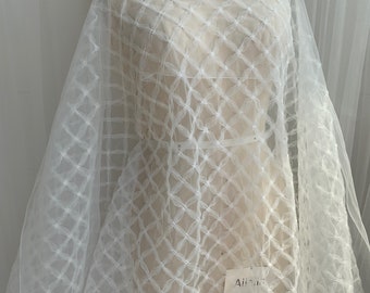 Sell by yard Off White Grid Tulle Fabric, Bridal Lace Fabric