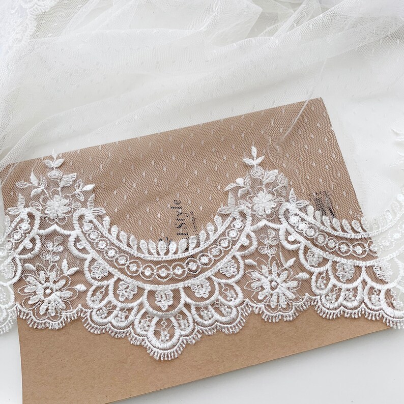 Waves Beaded Light Ivory Embroideried Bridal Lace Trim, Wedding Veil Lace Trims, Neckline lace trim, Sell by yard image 7