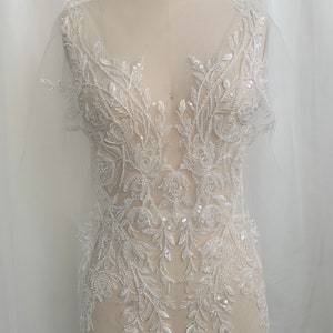 Oversize Luxury Quality Light Ivory Beaded and Sequined Bridal Lace Applique, Floral Bodice Lace Sheet, Lace Placement