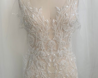 Applique in pizzo da sposa oversize di qualità lusso avorio chiaro con perline e paillettes, lenzuolo in pizzo sul corpetto floreale, posizionamento in pizzo