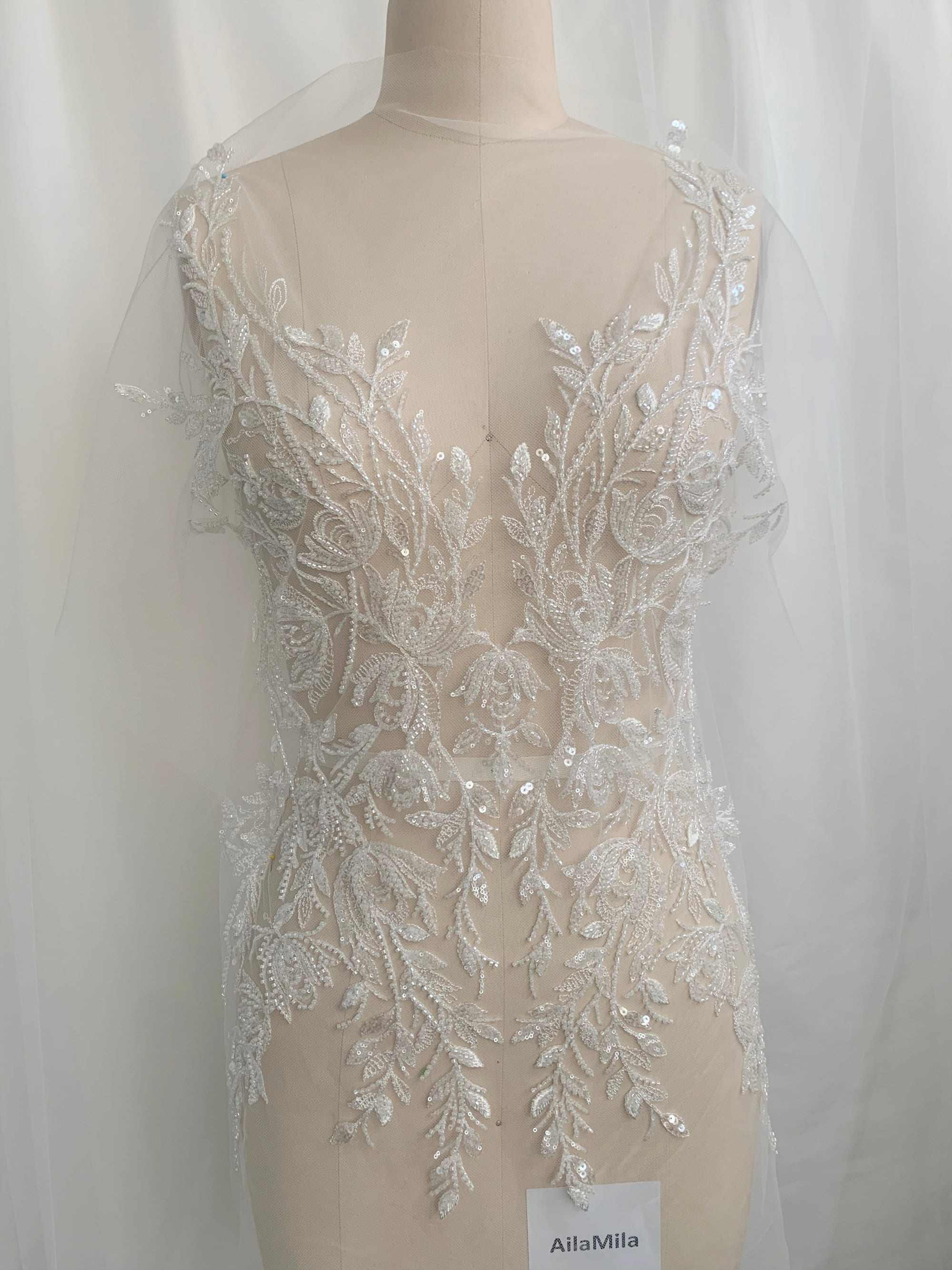 Oversize Luxury Quality Light Ivory Beaded and Sequined Bridal Lace Applique, Floral Bodice Lace Sheet, Lace Placement