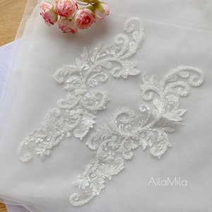 High Quality Sell by pair Luxury Beaded Bridal Lace Applique in Light iVory, Wedding Lace Motif
