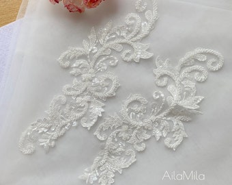 High Quality Sell by pair Luxury Beaded Bridal Lace Applique in Light iVory, Wedding Lace Motif