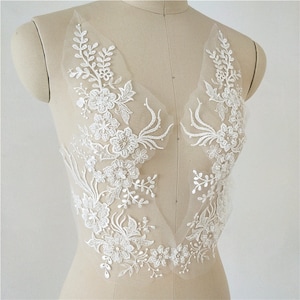 Luxury Light ivory 3D Beaded Floral Lace Applique Motif for Evening Prom Wedding Gown, sell by pair