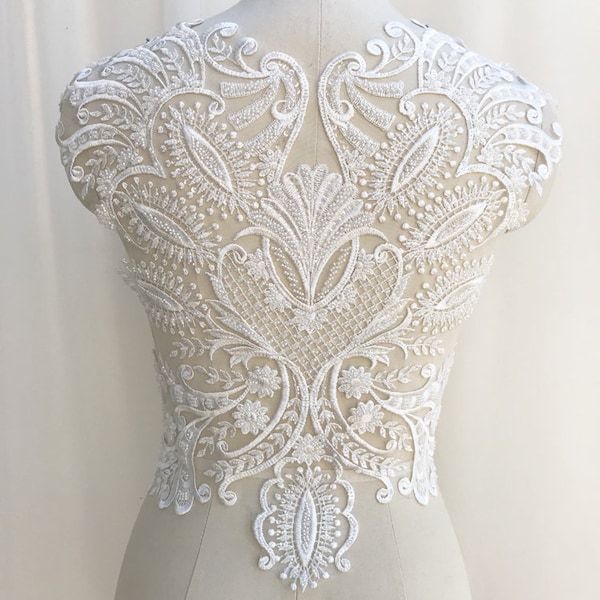Gorgeous Heavy Beaded Bridal Lace Applique, Luxury Bridal Lace Applique, Ivory Wedding Lace Bodice Decor, Sell by PCS