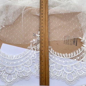 Waves Beaded Light Ivory Embroideried Bridal Lace Trim, Wedding Veil Lace Trims, Neckline lace trim, Sell by yard image 2