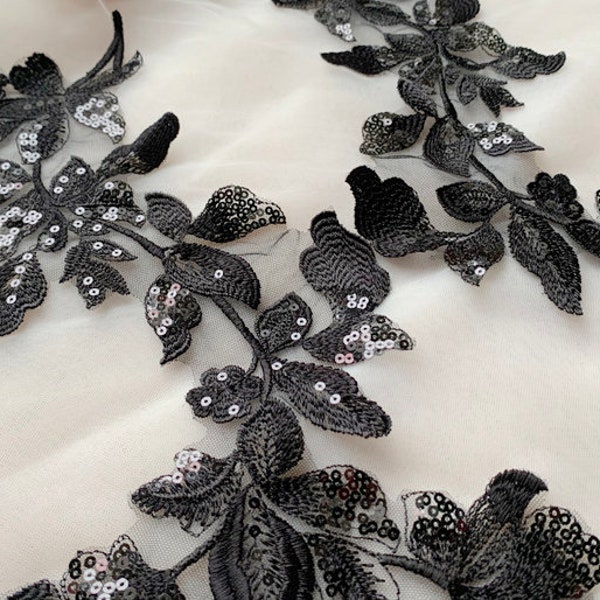FREE SHIPPING to USA and Most European Countries, Quality Sequins Leaf Lace Applique , Black Lace Motifs, Wedding Dance Costume Lace
