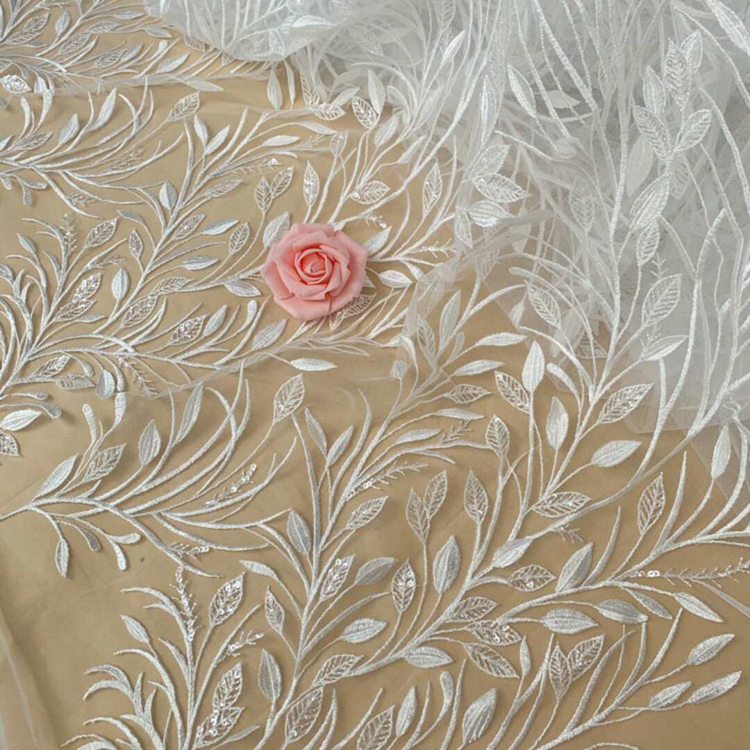 Bridal Lace Embroidery Leaves Design Lace Fabric, Ivory Floral Wedding
