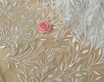 Bridal Lace Embroidery Leaves Design Lace Fabric,  Ivory Floral Wedding Dress Fabric Lace, Sell By  yard