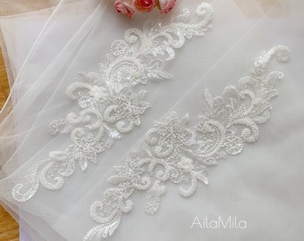 High End Luxury Beaded Bridal Lace Applique in Light iVory, Wedding Lace Motif Sell by pair