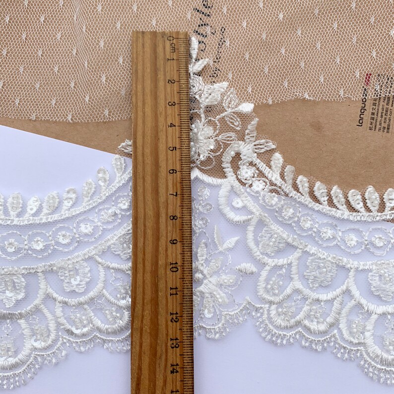 Waves Beaded Light Ivory Embroideried Bridal Lace Trim, Wedding Veil Lace Trims, Neckline lace trim, Sell by yard image 4