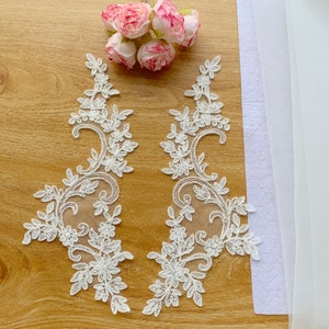 Classic Design Bridal Alencon Lace Applique,Light Ivory Embroidery Wedding Lace Applique, Headpiece Accessaries DIY, Sell By Pairs