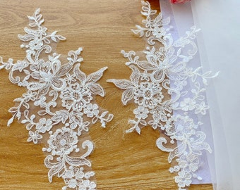 Gorgeous Quality Alencon Bridal Lace Applique, Light Ivory Wedding Lace Motif, Sell by pair lace Placement