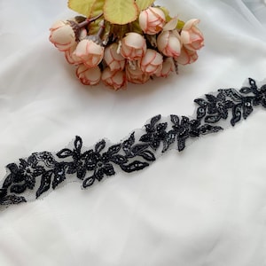 Fancy 3cm wide Floral Embroidery Sequined Beaded Light Ivory Bridal Hem Lace Trim, Small Narrow Beaded Wedding Veil Lace Trims, Sell by yard Black
