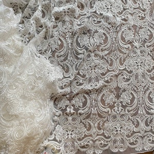 Sell by yard Gorgeous Bridal Lace Fabric,  Beaded Light ivory Wedding Lace Fabric, Fabulous Design and Quality