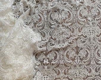 Vente par mètre magnifique tissu de dentelle de mariée, tissu de dentelle de mariage ivoire clair avec perles, design et qualité fabuleux